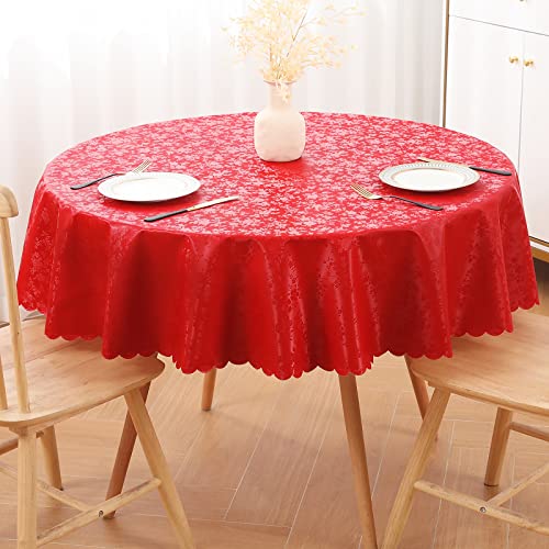 Image of Smiry Round Table Cloth, Waterproof Heavy Duty Vinyl Tablecloths, Wipeable Washable Table Cover for Christmas, Kitchen and Dining Room (Red, 60 inch Round)