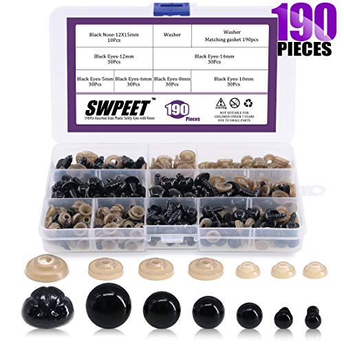 Swpeet 180Pcs Black Assorted Sizes Plastic Safety Eyes and 10 Pcs Noses Set