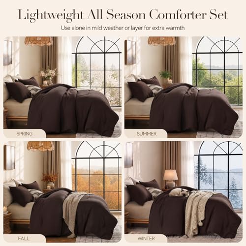 Image of ROSGONIA King Size Comforter Set Brown, 3pcs(1 Dark Brown Comforter & 2 Pillowcases) All Season Bedding Lightweight Bedspread Blanket Quilts
