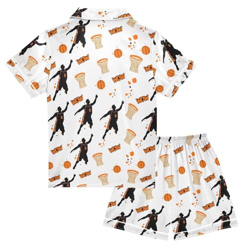 ALAZA Shooting Basketball Cartoon Satin Pajamas Set Short Sleeve Button Down Sleepwear Summer Pjs 2 Piece2