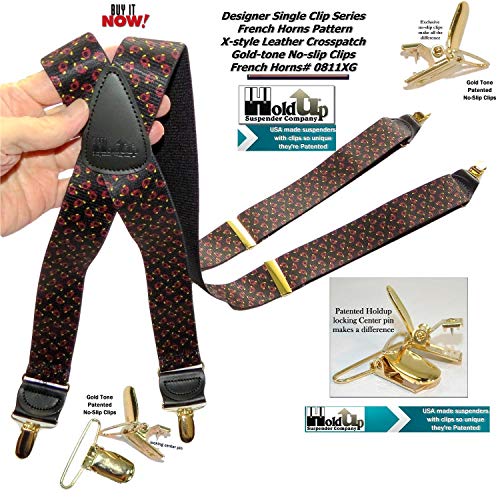 HoldUp Brand French Horn Pattern 1 1/2\" X-back Designer Series Suspenders with No-slip Gold-tone Clips - Thumbnail 4