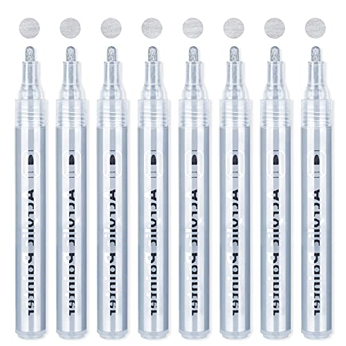 Silver Paint Pen Acrylic Markers: 8 Pack Acrylic Silver Metallic Marker Pens For Art Project, Drawing, Rock Painting, Stone, Ceramic, Wood, Cards Writing, Canvas Diy Craft Water-Based Paint Pen Set #TOP1