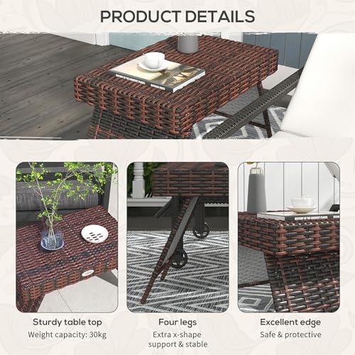 Outsunny Foldable Outdoor Side Table, Rattan Garden Coffee Table with Steel Frame, Space Saving Bistro Garden Furniture for Patio, Balcony, 60 x 41 x 41 cm, Brown - Image 7
