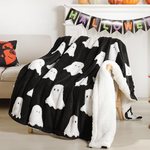 Smoofy Throw Blanket Halloween Blanket with White Ghost Black Throw Blankets for Bed and Couch Soft Fluffy Fleece Blanket 50x60 inches