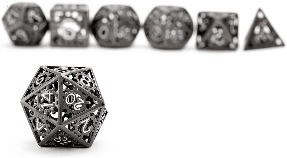 Hollow Black with White Number Gear Copper DND dice,DND Metal Game Dice Set,7pcs DND Dice Set Gift for Dungeons and Dragons RPG MTG Table Games D4 D6 D8 D10 D12 D20
