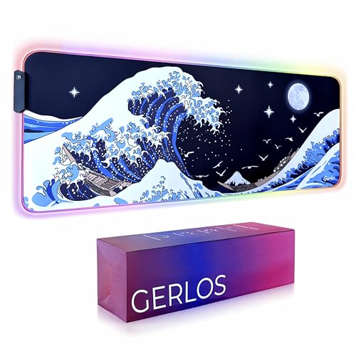 Image of Gerlos RGB Gaming Mouse Pad, Large LED Desk Mat, 31.5 x 11.8 Inch | 12 light modes, non-slip base, water-resistant surface, stitched edges