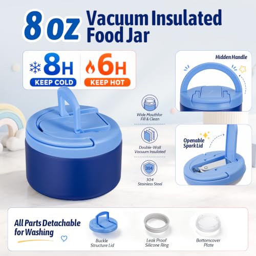 Image of Bento Lunch Box Set for Kids with 8 oz Soup Thermo, Leakproof Hot Food Container with 4 Compartments, Insulated Food Jar for Toddler Daycare Boys Girls School - Blue