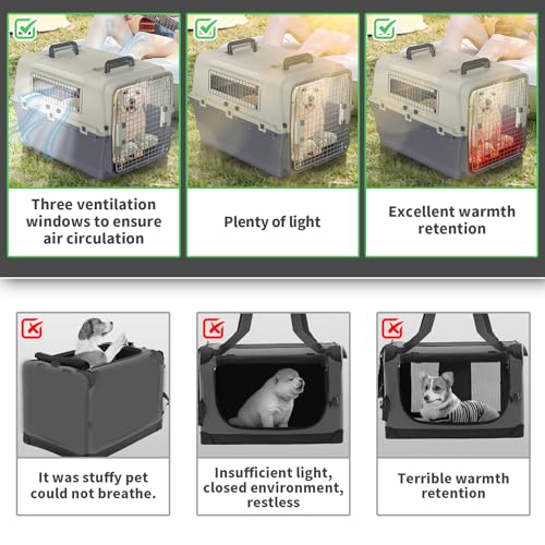 Eldzenith Katzentransportbox, Transportbox Hund mit Sicherheitsverriegelung und LüFtungsgitter, katzenbox für Flugreisen mit Urinbarriere Schalen FressnäPfe und Tragegriff(S, 50×33×33cm)