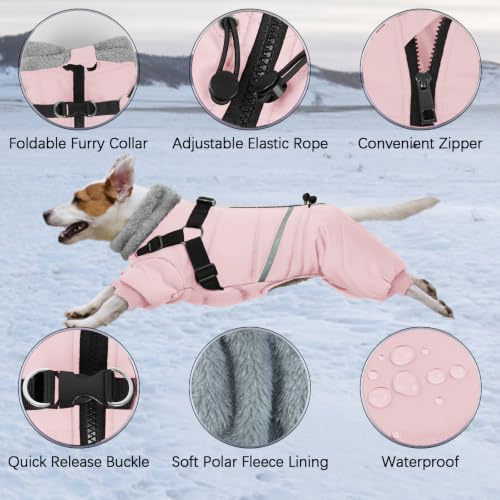 Image of BRKURLEG Small Dog Winter Coat with Harness Built in, Winter Jackets for Dogs, Fullbody Dog Coat, Dogs Snowsuits Reflective Windproof Cold Weather Coats, Pet Warm Fleece Coats, Pink, L
