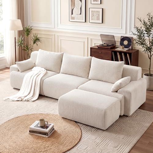 GRUSIGN 118'' Sectional Boneless Oversize Modular Couches, Curved Cloud Sectional Couches for Living Room,Rounded Corner Design L Shape Deep Seat Family Sofa with Ottoman & 3 Throw Pillows, Beige | Premium Corduroy, No Assembly Required, Rounded Corner, High-Resilience Foam, Ergonomic Support, Flexible Modular