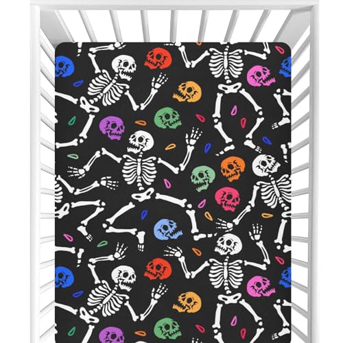 Image of CaTaKu Human Skeletons Crib Sheets for Baby Girls Boys,Neutral Mini Crib Mattress Sheets Fitted, Baby Nursery Bed Sheet for Crib Toddler Mattress 27 inchx 39 inch