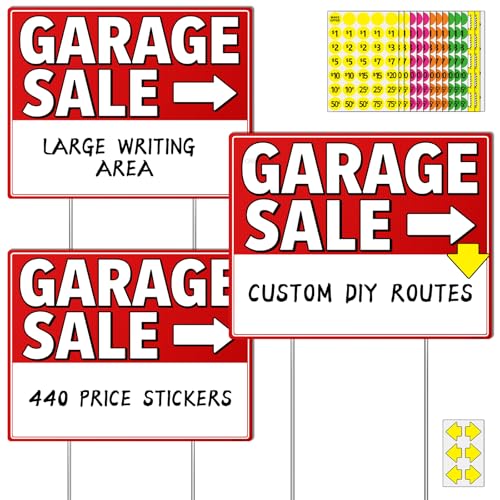 Garage Sale Sign Kit with Stakes - 17x13 Yard Sale Signs for Custom Route Navigation Use 1 Display Side per Sale Weatherproof Garage Sale Supplies with Custom Arrows & 440 Price Stickers