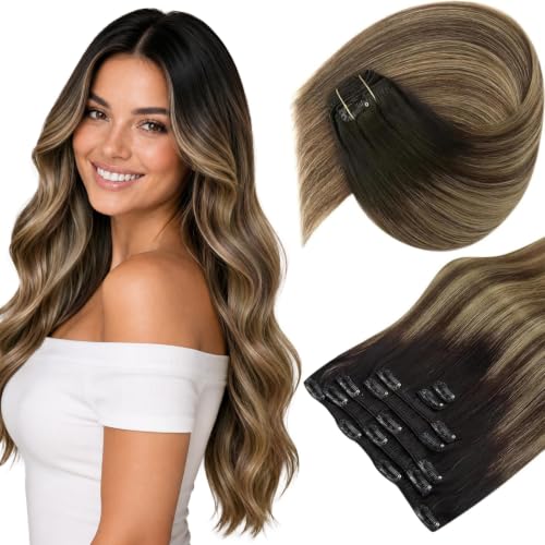 Image of Sunny Hair Clip in Hair Extensions Real Human Hair Black Balayage Blonde | 135g 20inch Clip in Extensions Real Human Hair Brown Blonde, Natural Blend Fuller Hair, Add Multidimensional Color for Party