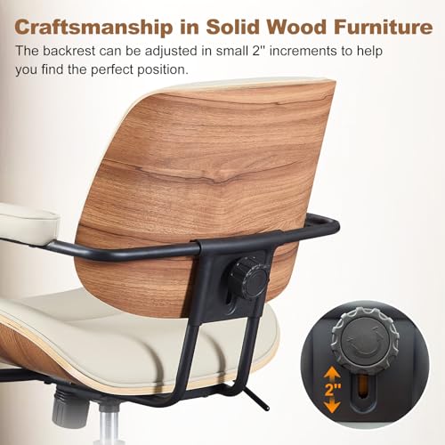 Image of Mid Century Modern Office Chair with Adjustable Backrest, Wooden Desk Chair with Armrests, Swivel Height Adjustable Home Office Chair, Comfortable Task Chair for Home Office, Beige