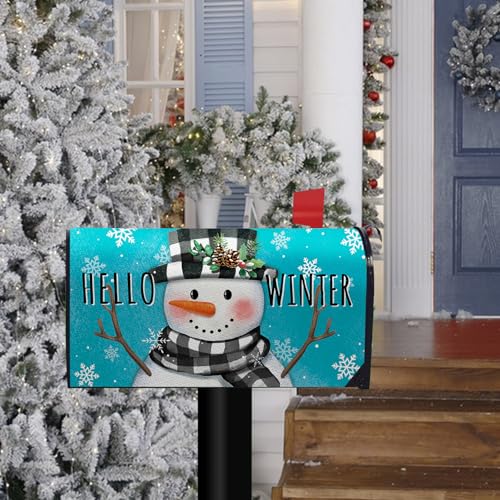 Image of Hello Winter Snowman Blue Mailbox Cover Magnetic Standard Size