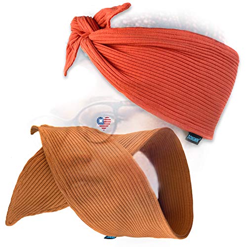 DONFMIN Fashion Headbands for Women and girls Knotted Headbands 2 Pairs of Pure Cotton Ribbed Sweat Bands Stretch Bandie Workout Headbands(2 colors) + free comb,Brown