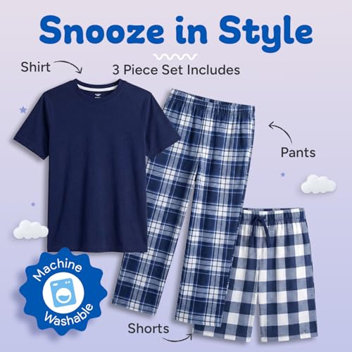 Image of US Angels Boys Pajamas Set | 3-Piece Pant, Shirt, Shorts Sleepwear Pjs for Kids | Loose Fit, Soft, Breathable Blue Plaid
