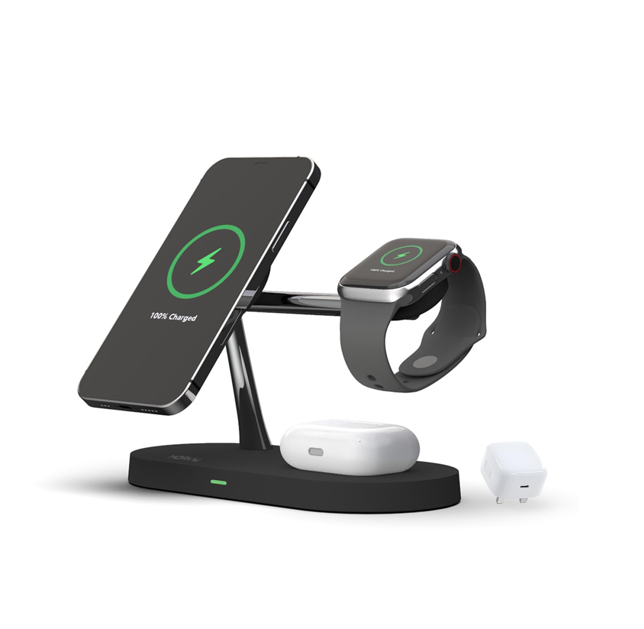 HOAVY 5 in 1 wireless charging station for magsafe charging devices, Magnetic charger compatible for iphone 15/14/13/12 models,iWatch,Airpods.Dimmable night lamp,[15W Pd Adaptor Included] (Black)