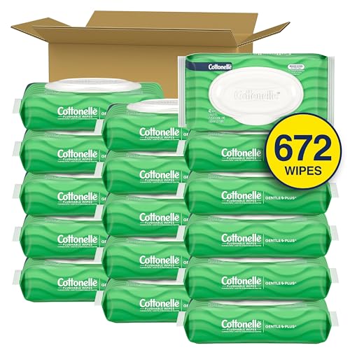 Image of Cottonelle GentlePlus Flushable Wet Wipes with Aloe & Vitamin E, 16 Flip-Top Packs, 42 Wipes Per Pack (672 Total Wipes), Packaging May Vary