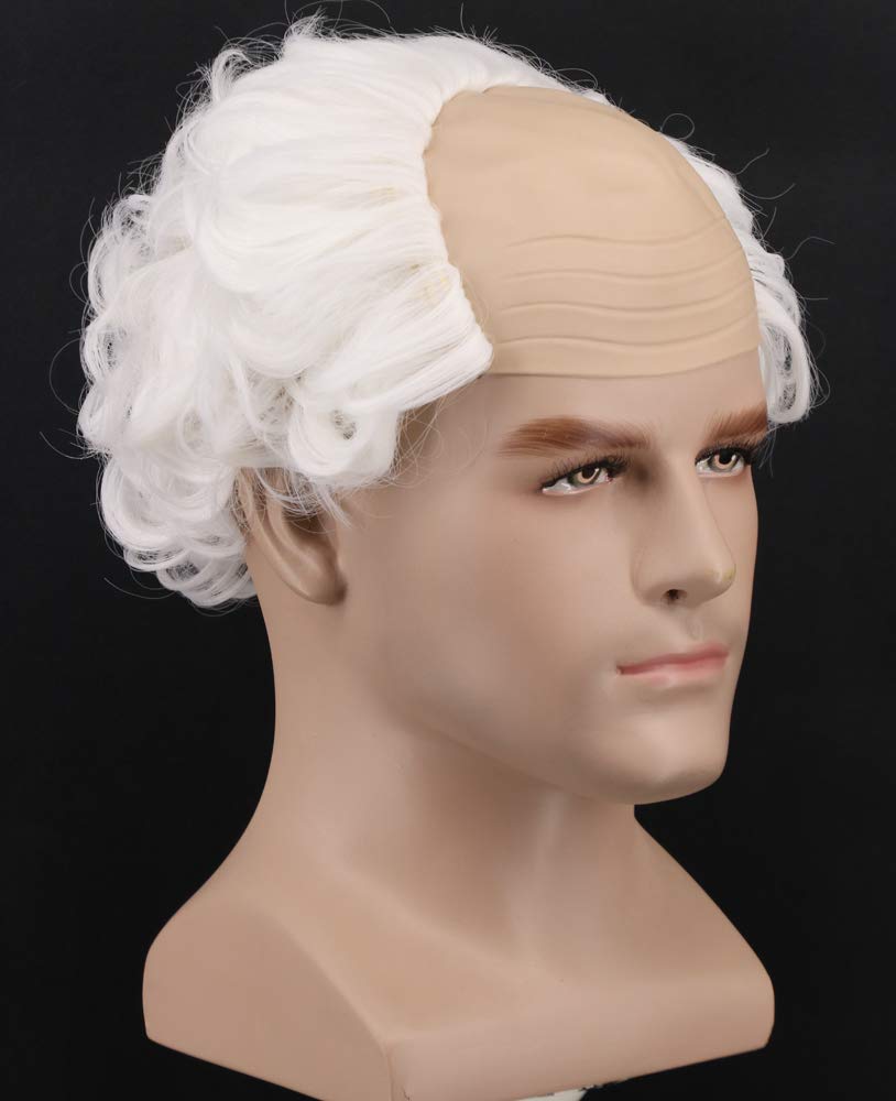 Yuehong Short Curly White Old Men Wig Fluffy Bald Head Receding Hairline Costume Cosplay Wig with Heat Resistant Synthetic Fibers (White) - Image 3