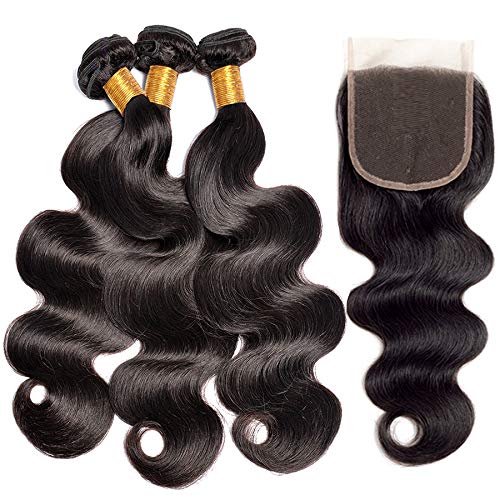 Brazilian Body Wave Human Hair 3 Bundles With Closure (20/22/24+20 Inch)Virgin Hair Weave With Lace Closure Free Part Natural Black