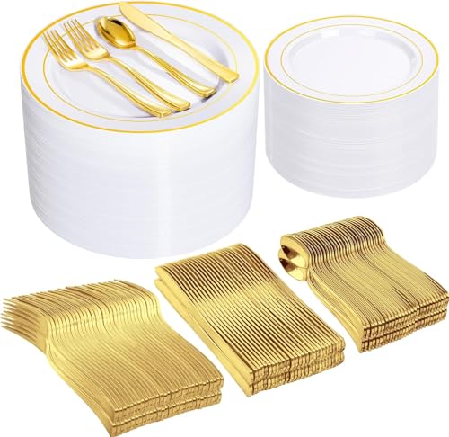 I00000 600 Pcs Gold Plastic Plates for 100 Guests.Disposable Plates for Party,Plastic Dinnerware Set of 100 Dinner Plates,100 Salad Plates,400 Gold Silverware Set(100 Spoons,100 Knives,200 Forks).