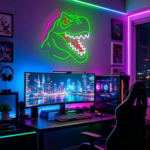 Image of Dinosaur Neon Sign Lights for Wall Decor, T-REX LED Sign for Room and Man Cave Decor, Dimmable Powered LED Signs for Bedroom, Man Cave Party, Birthday Christmas Gift (T-REX Green)