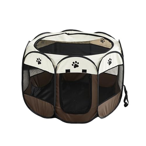 UGYMSIA ペット八角形ケージ、折りたたみ式犬ケージ、防水オックスフォード布、ペットテント、取り外し可能で洗える、傷つきにくい、犬と猫の分娩室 (ブラウン,S 73x73x43cm)