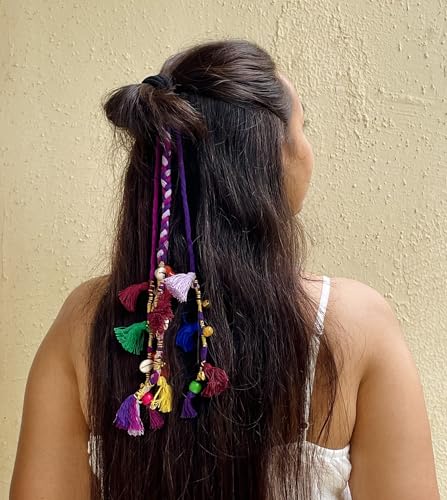 Image of Zippy Flora Boho Handmade Colorful Hair Strings for Navratri /Ethnic Look /Bohemian Styling, Colorful Braided Hairband, Thread Hair Accessories & Extensions (Shoulder Length (12-14 inch), Purple)