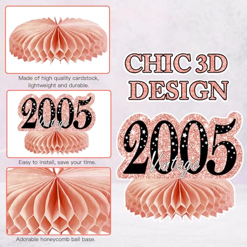 Image of 9Pcs Rose Gold Pink 21st Birthday Decorations Honeycomb Centerpieces for Girls,Happy 21st Birthday Centerpieces Tables Toppers Party Decorations Supplies,Vintage 2005 Aged Table Sign Decor