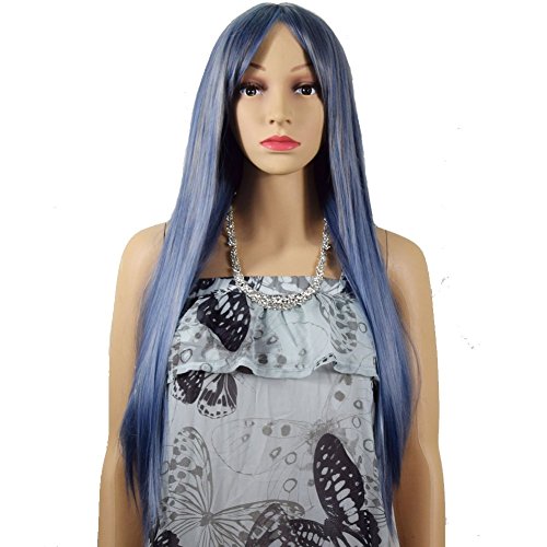 RightOn 30 Inches Fashion Long Straight Harajuku Style Two Tone Centre Parting Cosplay Party Wig with Free Wig Cap and Comb (Blue Mixed Grey)