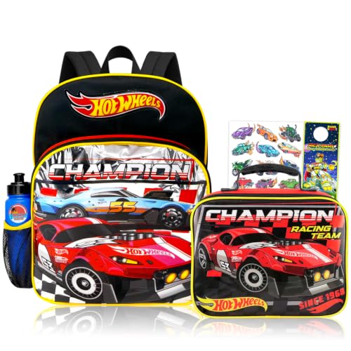 Hot Wheels Conjunto de mochila com lancheira para meninos e crianças – Pacote de mochila de carro de corrida de 40,6 cm e lancheira isolada com garrafa de água, tatuagens, mais