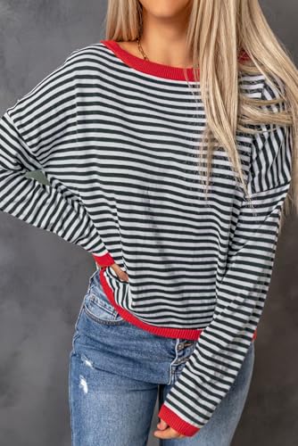 Image of Women's Striped Sweater Long Sleeve Crew Neck Ribbed Knit 2024 Fall Winter Pullover Sweater Tops