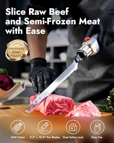iKoffy SliceMaster Cordless Electric Knife, 45W High-Torque Motor, 9.3\" & 10.9\" 420 Stainless Steel Blades, Waterproof Rechargeable Electric Carving Knife, Type-C Charge, Safety Lock, Black