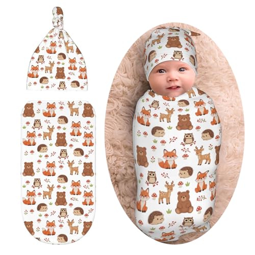 Image of Hedgehog Fox Bear Deer Newborn Baby Swaddle Blanket Woodland Theme Baby Stuff,with Beanie hat Sets, Soft Gifts for Unisex Boys Girls Shower Infant