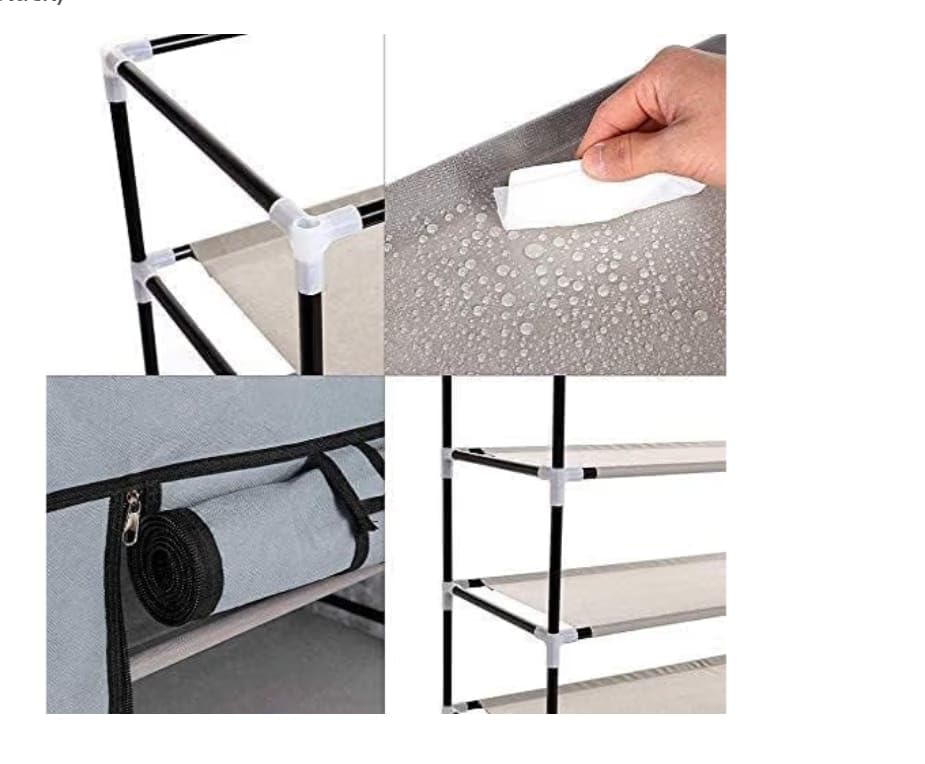 Image of Collapsible Fabric Wardrobe with 6 Shelves, Navy Blue, Metal, Rectangular, Lightweight, Modern, Foldable Clothes Storage Organizer (Black)