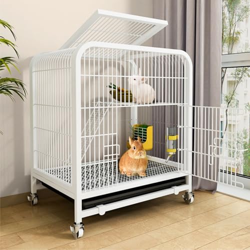 Jaula de conejo de interior con bandejas extraíbles profundas y ruedas universales, diseño de doble puerta para un fácil acceso, red de alambre de metal duradera para mascotas pequeñas