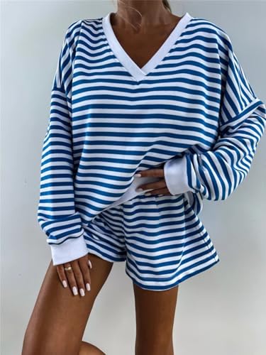 2 Piece Lounge Set Women Stripe Knit Long Sleeve V-Neck Top with Shorts, Shorts Casual Summer Loungewear Shorts Sets3