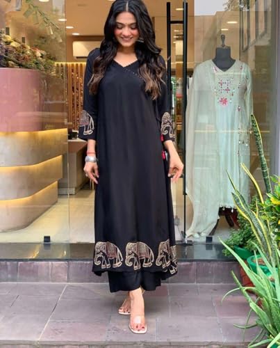 Image of Women's Rayon Embroidered Straight Kurti with Pant Set