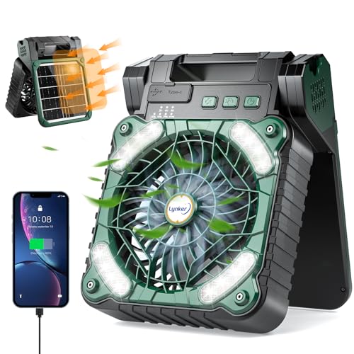 lynker-Portable-Camping-Fan-Solar-Powered-Fan-12800mAh-Rechargeable-Battery-Operated-Fan-with-LED-Lantern-4-Speeds-3-Timers-Outdoor-Tent-Fan-for-Camping-Travel-Fishing-Office-Home-Green