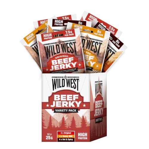 Wild West Beef Jerky Variety Pack 12 × 25g 4 × Original 4 × Honey BBQ 4 × Hot & Spicy High Protein Gluten Free Snack No Added MSG Ideal for Gym Travel Hiking & Everyday Energy