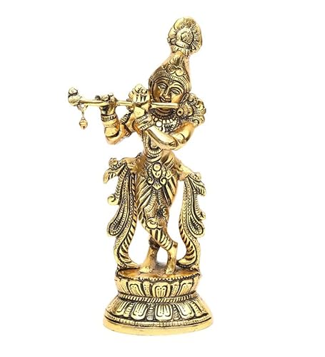 Orbit Art Gallery Chapado en oro Metal Artesanía Lord Krishna Bhagwan Murti Dios hindú Kanha Ji Idol para regalo Puja Item Cover