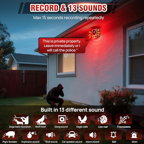 Solar Outdoor Motion Sensor Alarm, Dog Barking&Gunshot Sound,130db Loud Noise Maker,Support Recording,13 Kinds of Sound and Strobe Light to Deter Raccoons, Deer, Skunks, Bears, and Coyotes - Image 6