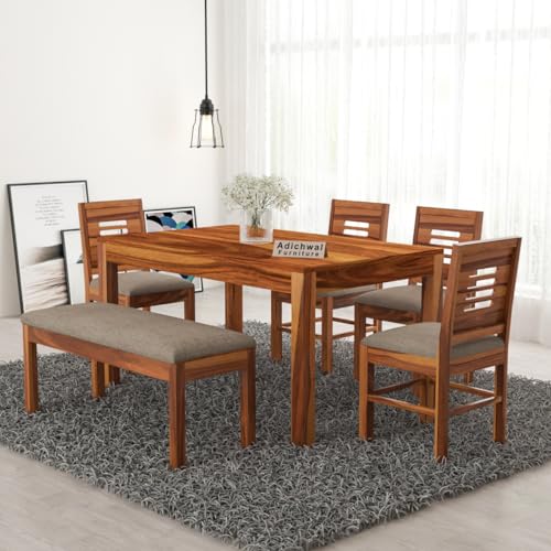 Image of Solid Sheesham Wood 4 Chair with 1 Bench Dining Table Set with Cushioned Chairs for Dining Room | Living Room | Hotels Restaurant (6 Seater with Bench, Honey)