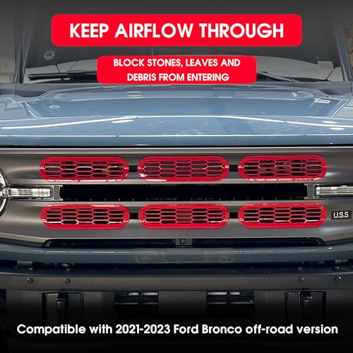 Image of sukemichi Red Front Grille Inserts Mesh Grill Cover for Ford Bronco | Decals stickers covers,Fits 2021-2026 Base /Big Bend /Outer Banks /Badlands exterior accessories,Not for Sport,ABS,6 Pack