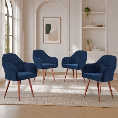 Image of Vergo Plush Velvet Dining Chair, Cushion Seat, Wooden Frame, Metal Legs, Premium Accent Chair for Living Room, Bedroom, Dining Room, Cafe & Restaurant (Set of 4, Navy Blue)
