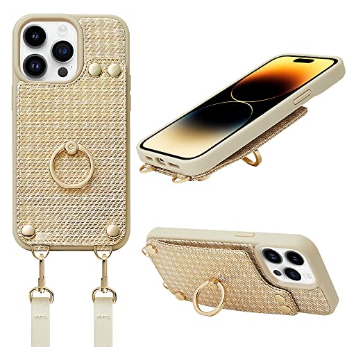 Lameeku Compatible With Iphone 14 Pro Max Wallet Case With Card Holder, Genuine Leather Kickstand Card Slots Case，Crossbody Wrist Strap Purse Cover Gift For Women For Iphone 14 Pro Max 6.7 Inch Beige #TOP20