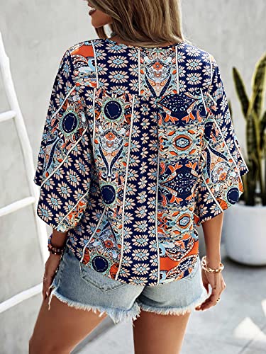 SOLY HUX Women's Boho Print V Neck 3/4 Bell Sleeve Button Front Summer Blouse Top2