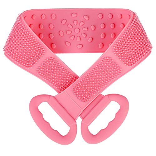31.5in Back Scrubber for Shower, Silicone Bath Body Brush，Handle Body Washer, Deep Clean & Invigorate Your Skin (pink)