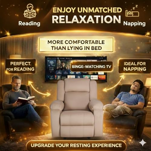 Image of 1 Seater Sofa Chair | Rocking & Revolving Motorized Recliner Lounge Chairs for Living Room Bedroom (Rocking and Revolving Manual, Classy Calm MN-RRR-Dark Beige)